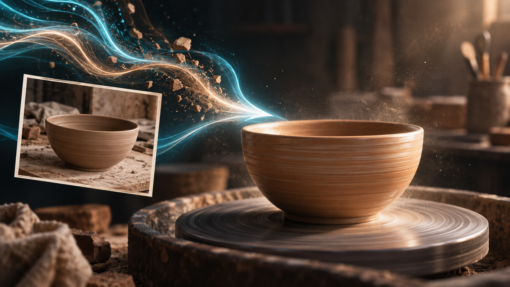 Ceramiczna misa na kole garncarskim, fotografia i smugi sugerujące ruch