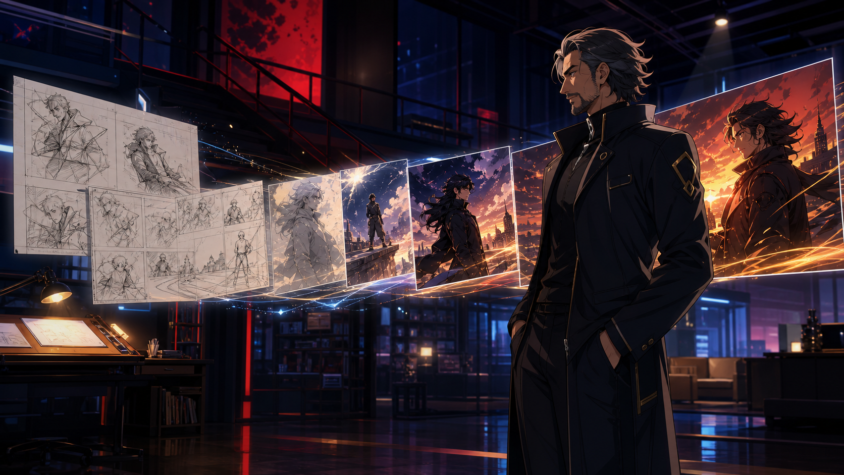 Kadr z generowanego wideo anime: dorosła pilotka w skafandrze kosmicznym stoi w neonowym obserwatorium, wyraźne kontury i cel-shading