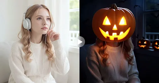 Zewnętrzne zestawienie referencyjne przed i po, porównujące portret dorosłej osoby i głowę z dyni rozświetloną świecą w ciepłym wieczornym świetle