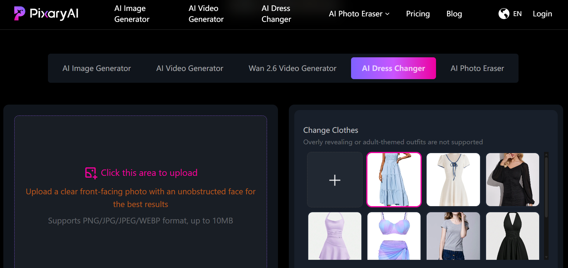 Interfejs PixaryAI AI Dress Changer przedstawiony w źródłowym rankingu