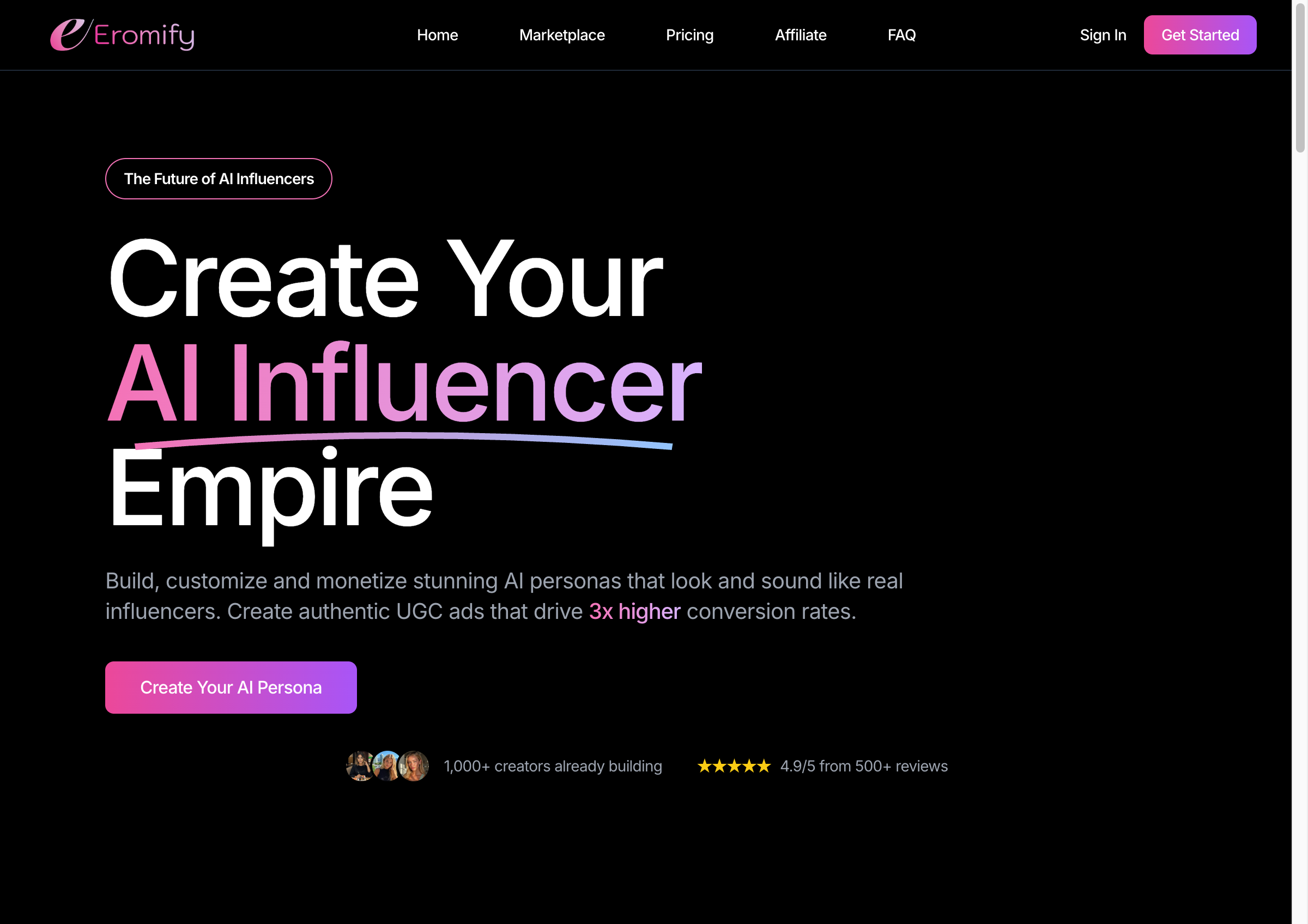 Legacy Eromify homepage capturada na fonte de comparação ZenCreator