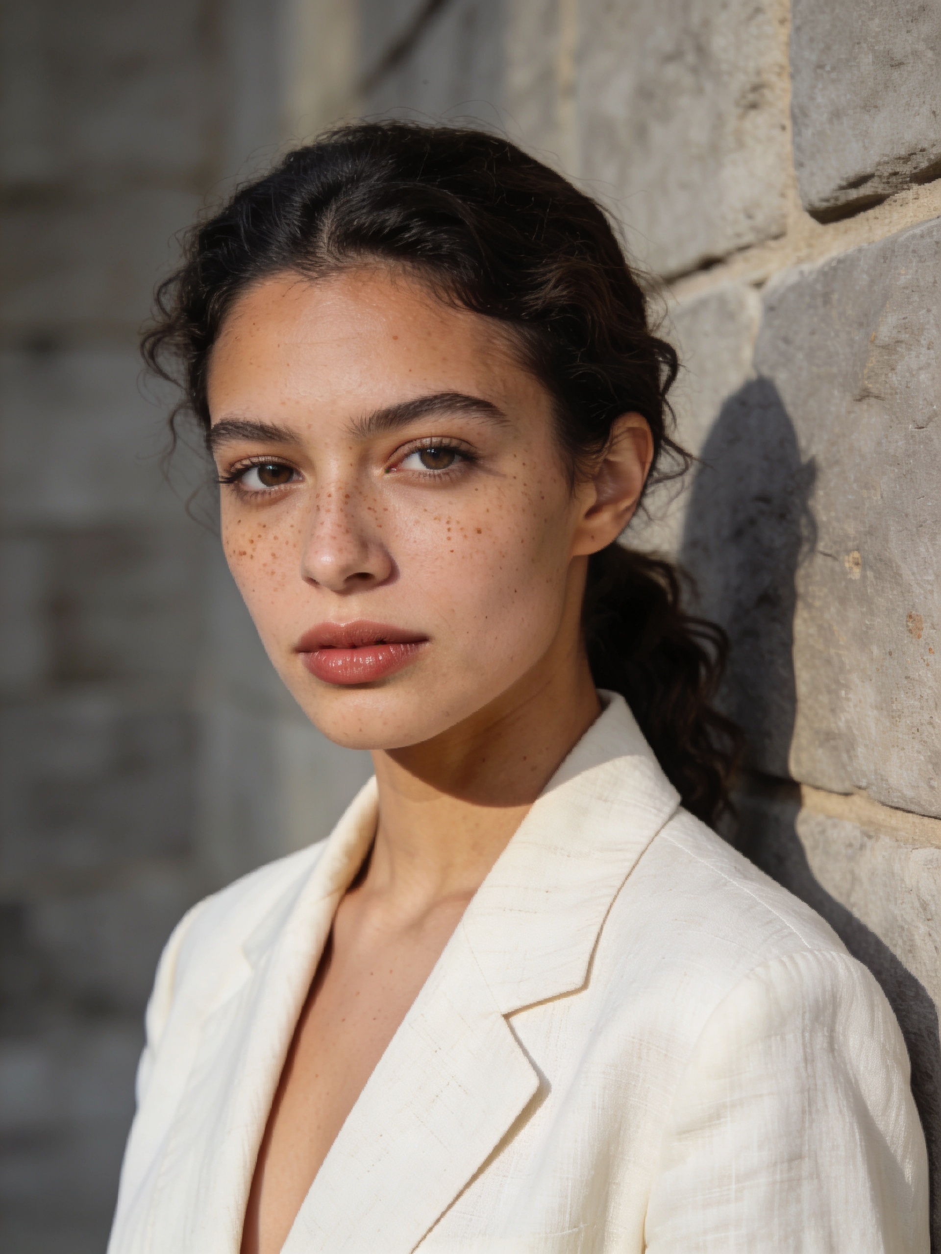 Retrato editorial de uma mulher com blazer branco
