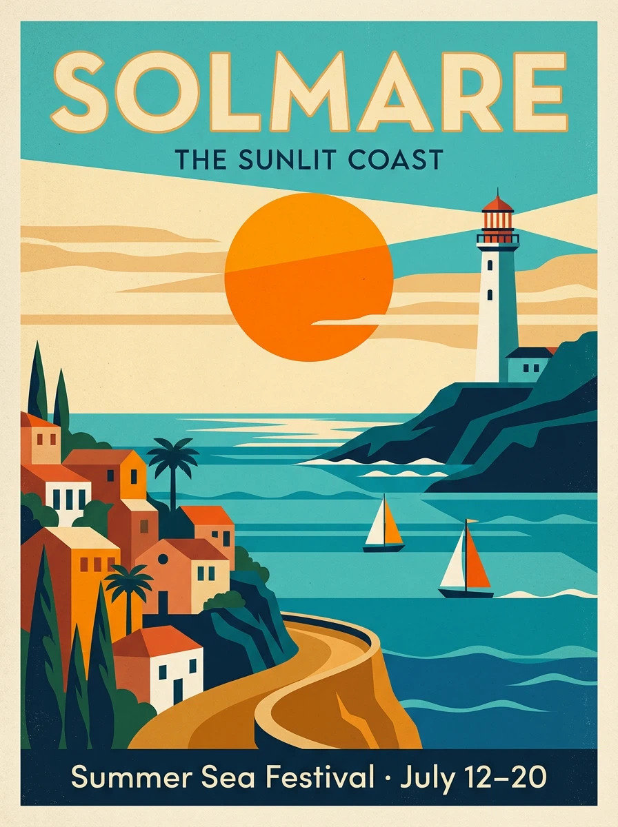 Ilustrowany plakat podróżniczy Solmare z latarnią, żaglówkami i zachodem słońca nad wybrzeżem.