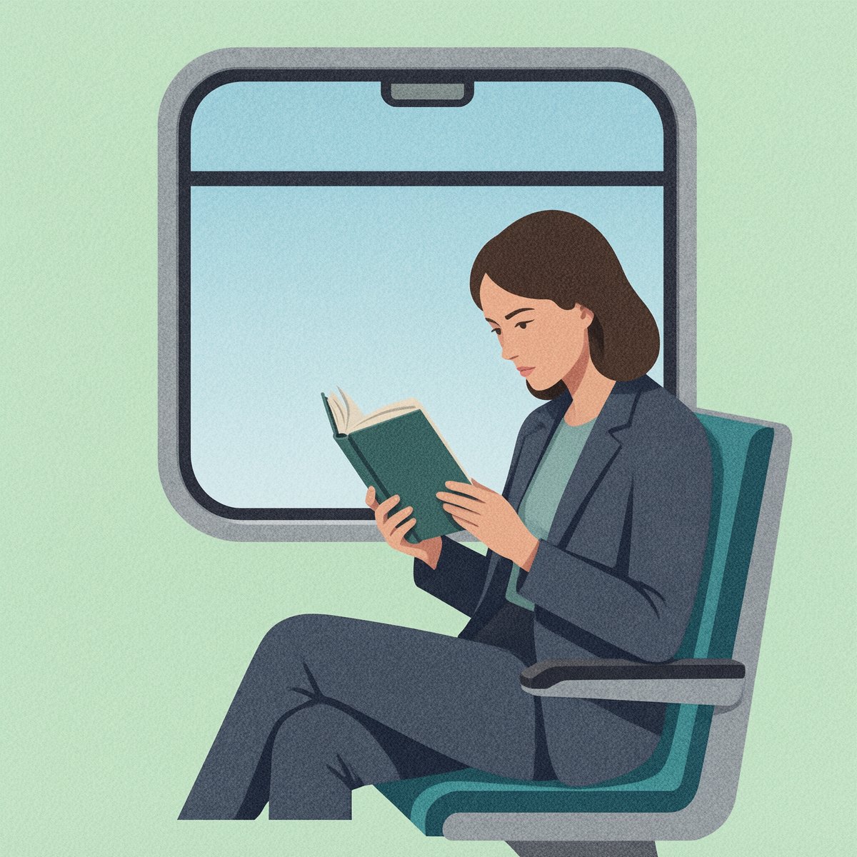 Płaska ilustracja pokazuje kobietę czytającą w pociągu.