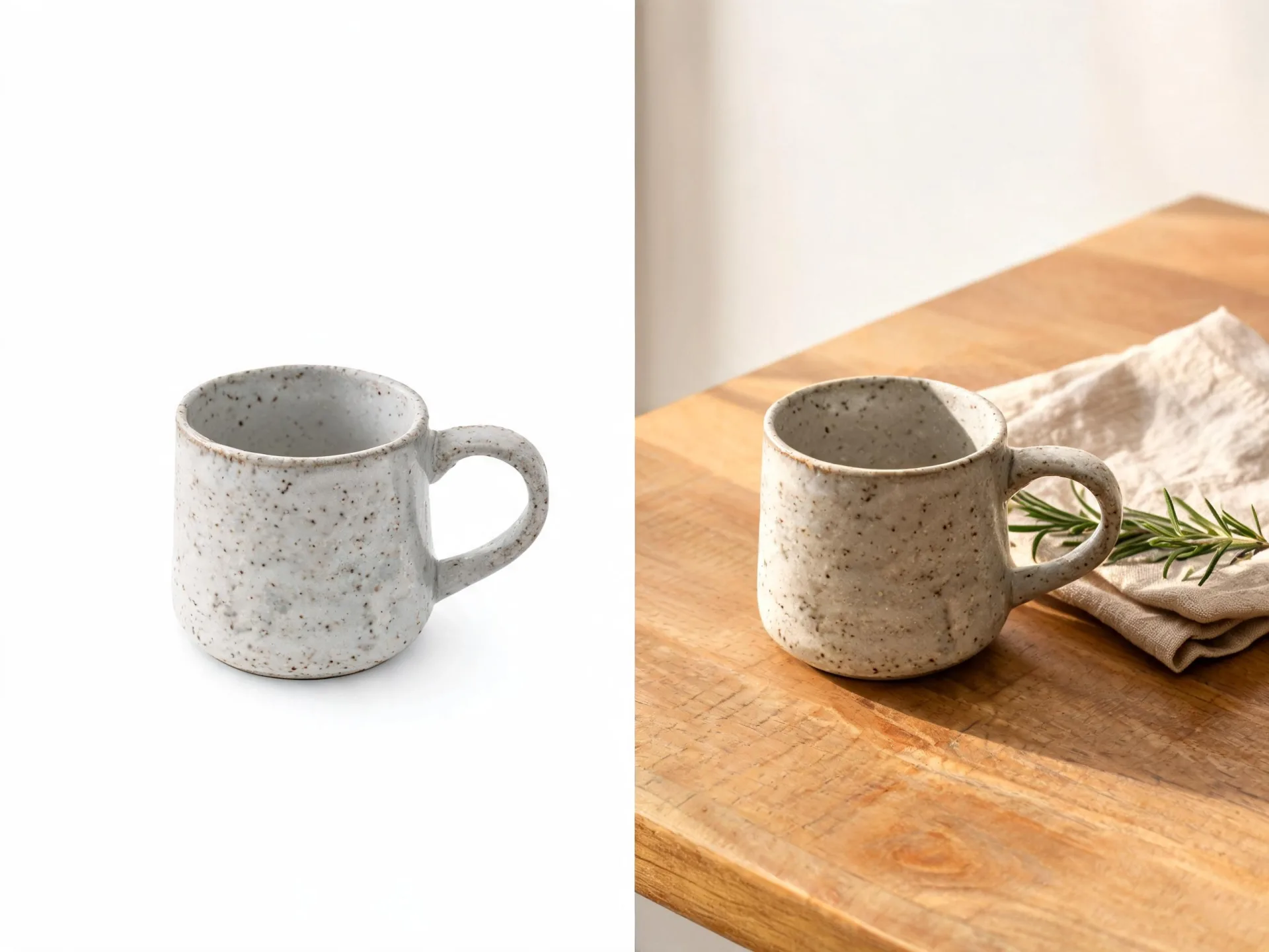 Proste zdjęcie ceramicznego kubka jest zestawione ze sceną na blacie.