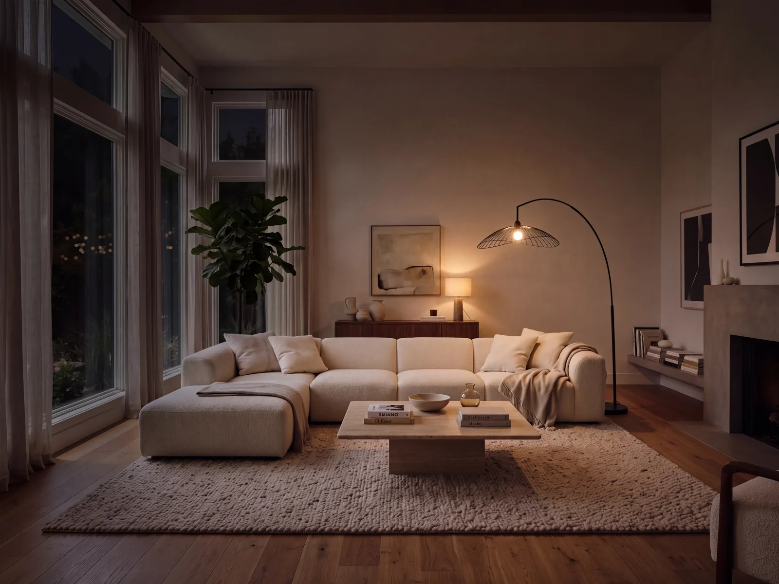 Salon jest oświetlony ciepłym światłem wieczornych lamp.